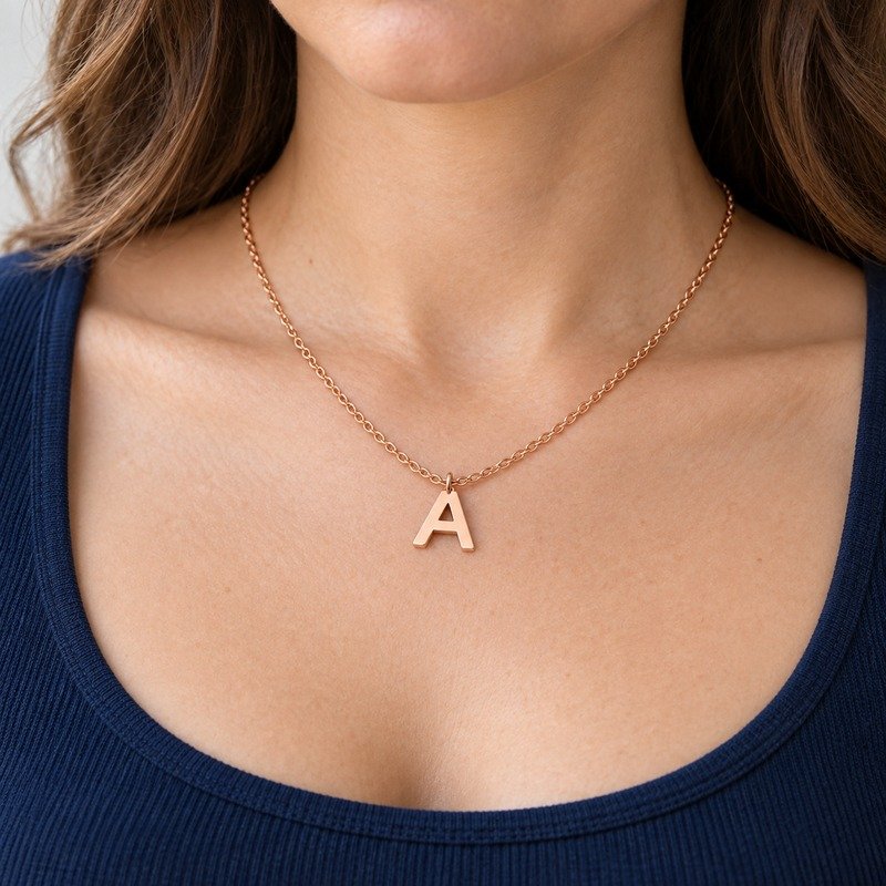 womens rose gold Stainless Steel initial a necklace, worn by an adult model