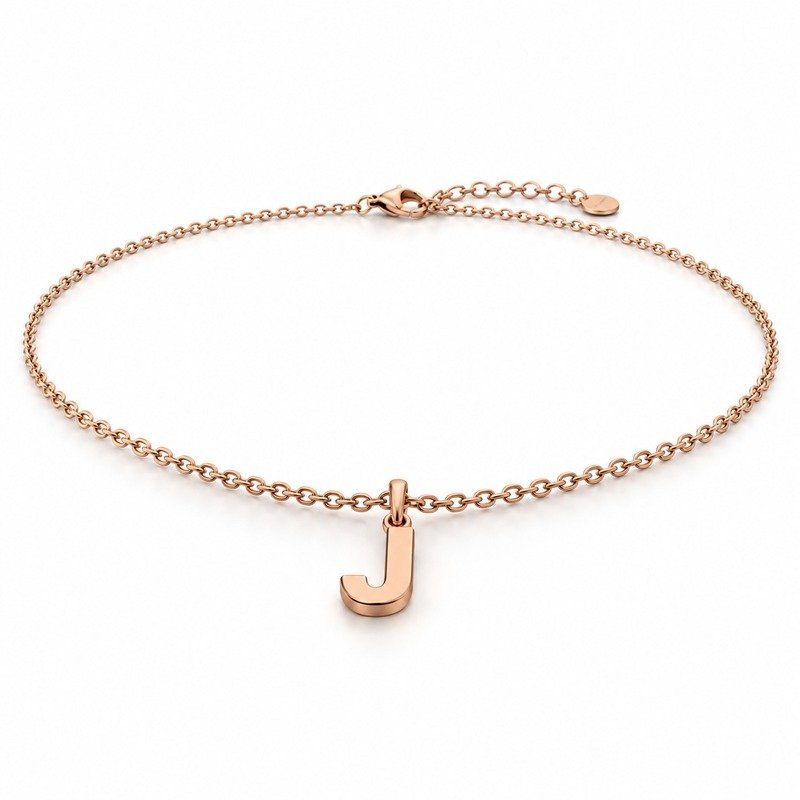 womens rose gold Stainless Steel initial j necklace, at a 45-degree angle on white