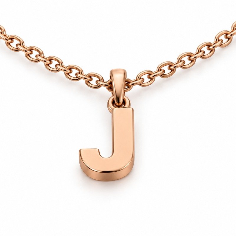 womens rose gold Stainless Steel initial j necklace, reverse side and connection structure on white