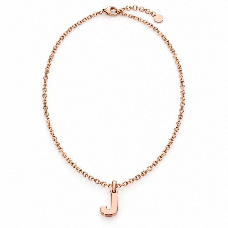 womens rose gold Stainless Steel initial j necklace, front view on white