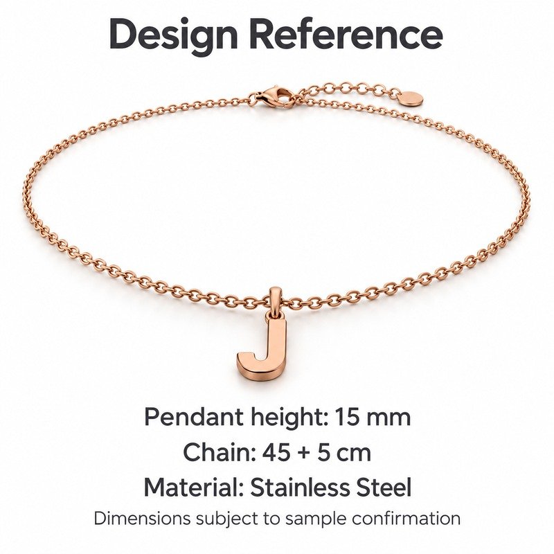 womens rose gold Stainless Steel initial j necklace, design reference dimensions and material specifications