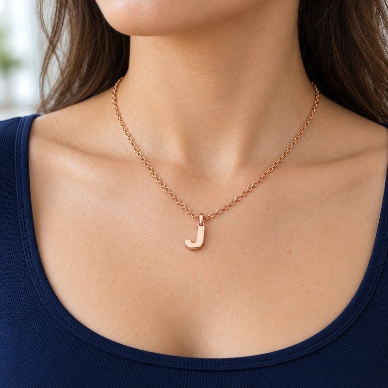 womens rose gold Stainless Steel initial j necklace, worn by an adult model