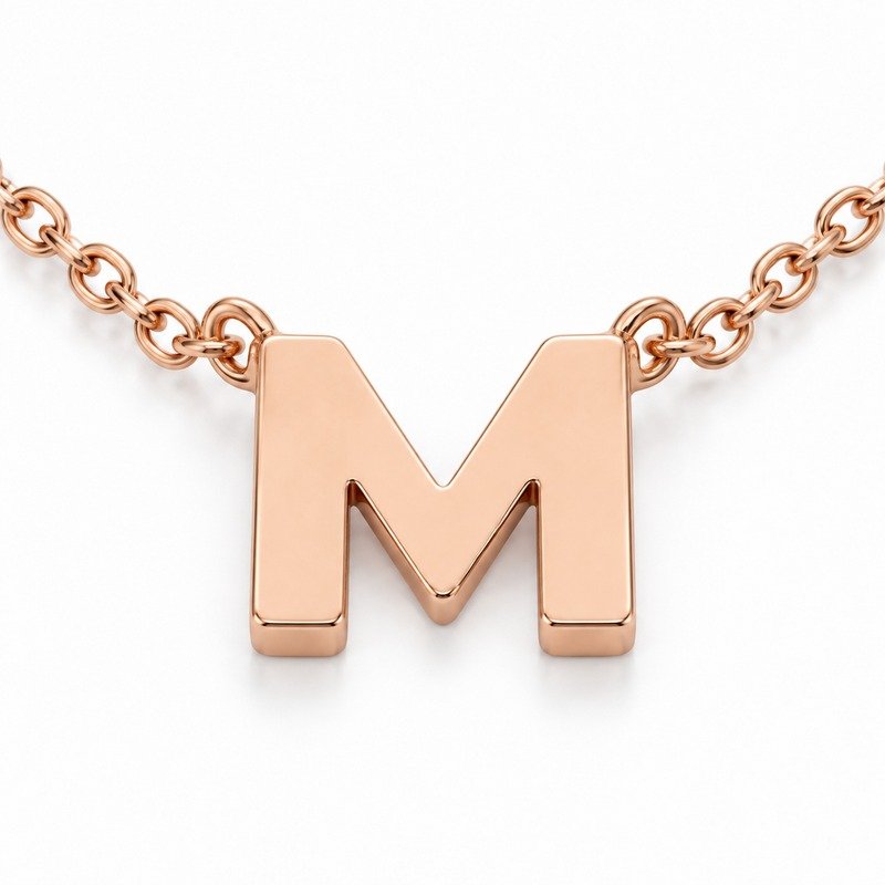 womens rose gold Stainless Steel initial m necklace, reverse side and connection structure on white