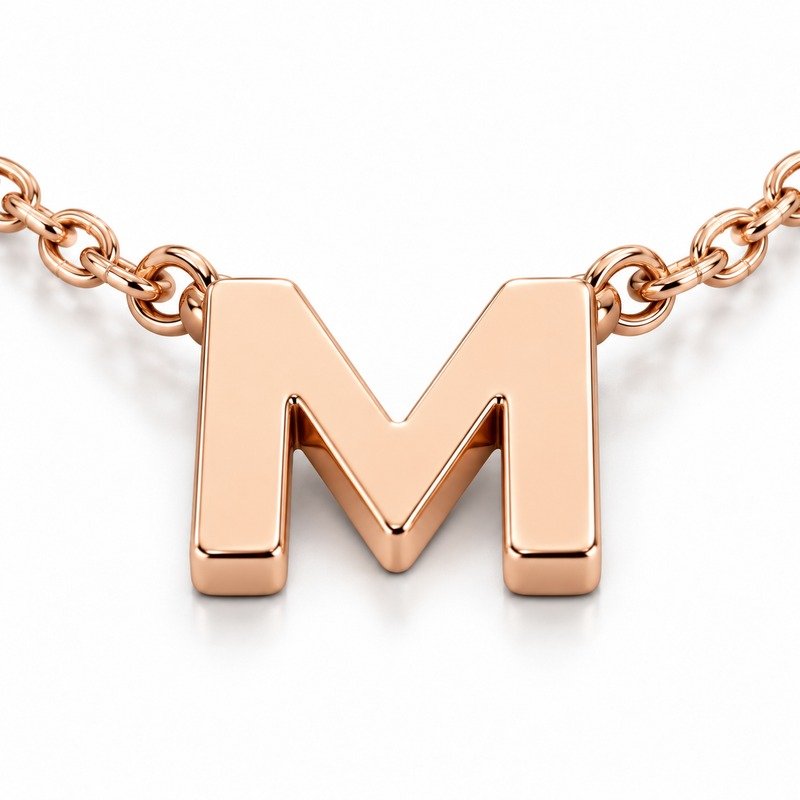 womens rose gold Stainless Steel initial m necklace, material and craftsmanship close-up