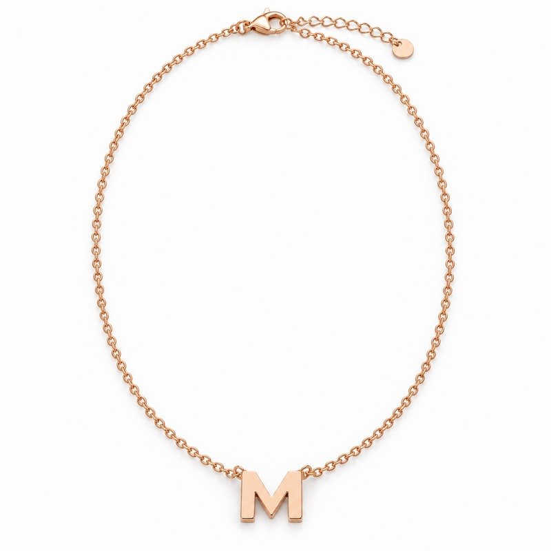 womens rose gold Stainless Steel initial m necklace, front view on white