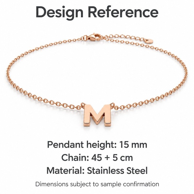 womens rose gold Stainless Steel initial m necklace, design reference dimensions and material specifications