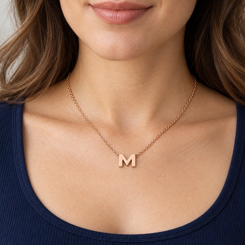 womens rose gold Stainless Steel initial m necklace, worn by an adult model