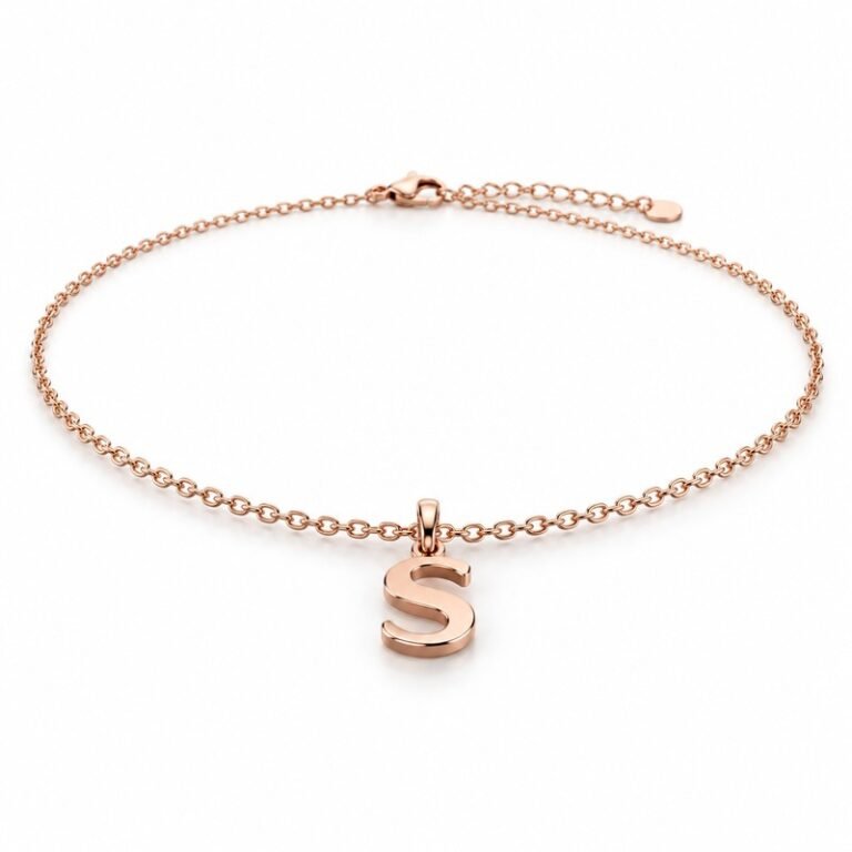 womens rose gold Stainless Steel initial s necklace, at a 45-degree angle on white