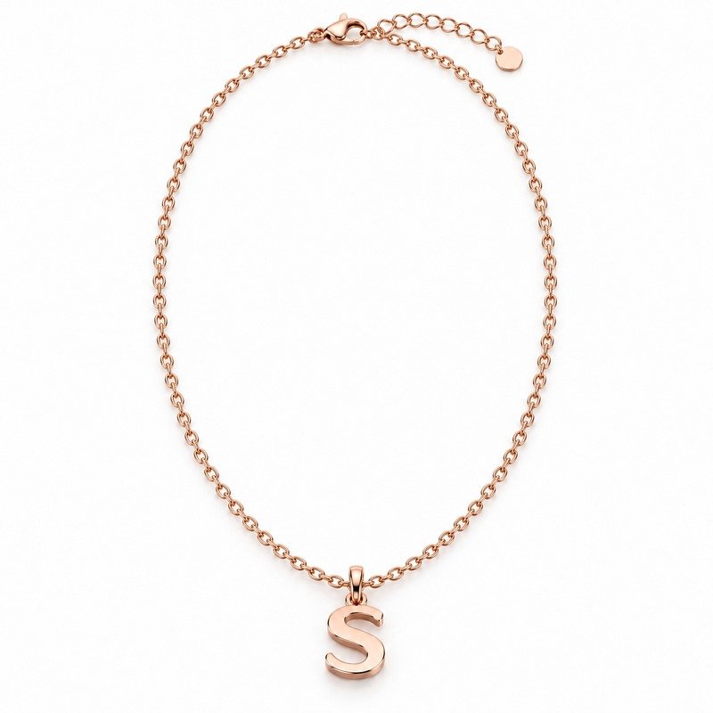womens rose gold Stainless Steel initial s necklace, front view on white