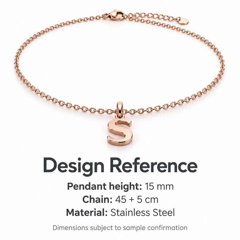 womens rose gold Stainless Steel initial s necklace, design reference dimensions and material specifications