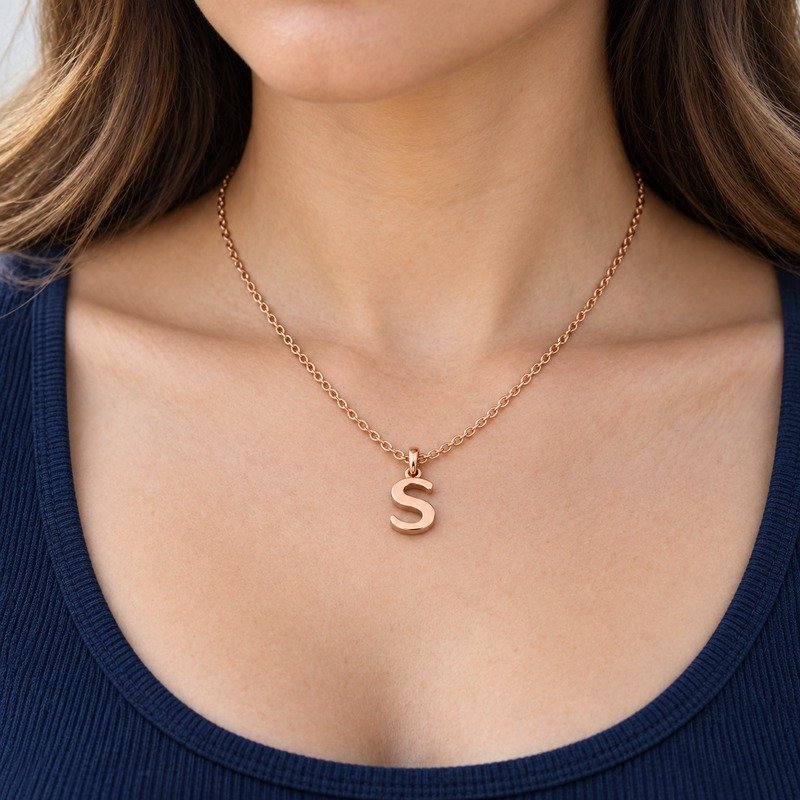 womens rose gold Stainless Steel initial s necklace, worn by an adult model