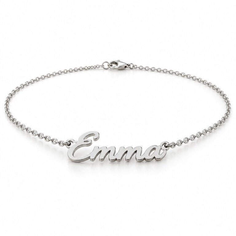 womens silver Stainless Steel emma name necklace, at a 45-degree angle on white