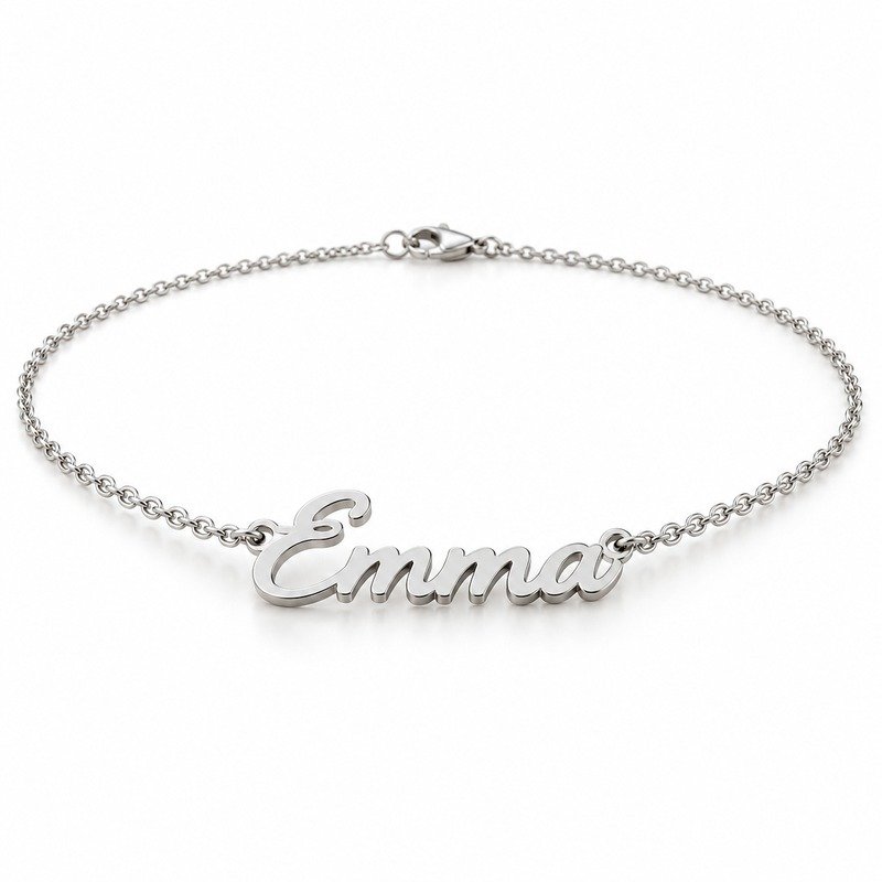 womens silver Stainless Steel emma name necklace, at a 45-degree angle on white