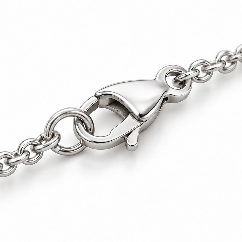 womens silver Stainless Steel emma name necklace, reverse side and connection structure on white