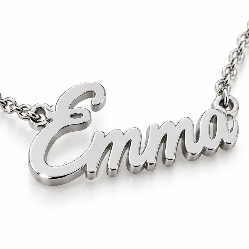 womens silver Stainless Steel emma name necklace, material and craftsmanship close-up