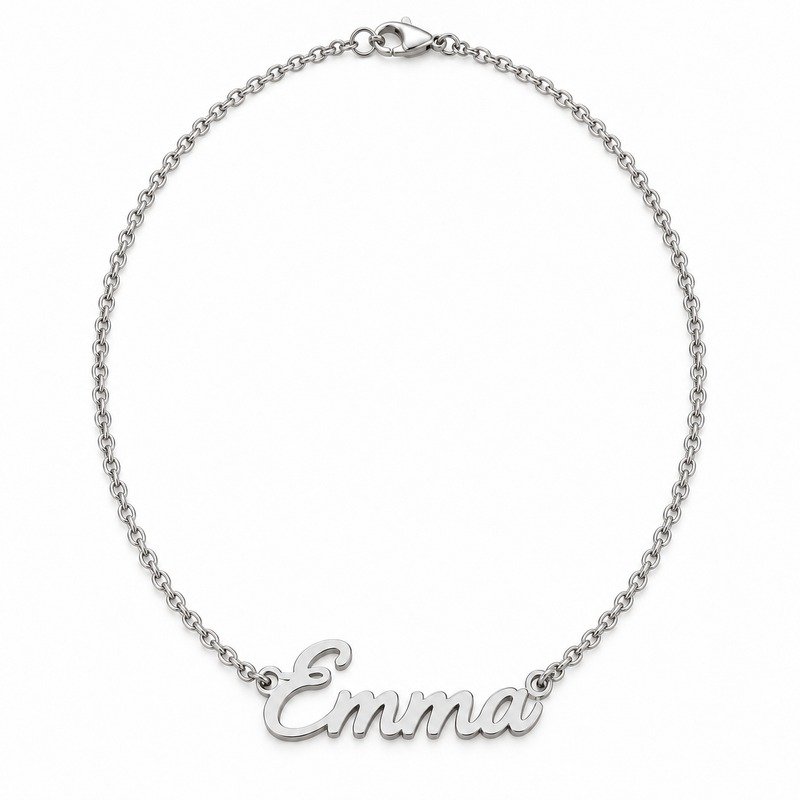 womens silver Stainless Steel emma name necklace, front view on white