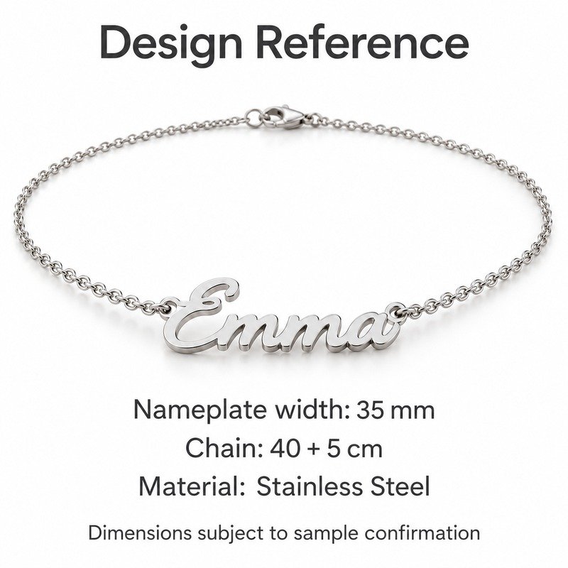 womens silver Stainless Steel emma name necklace, design reference dimensions and material specifications