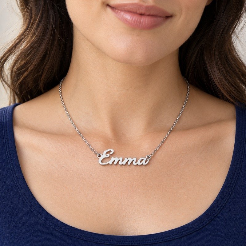 womens silver Stainless Steel emma name necklace, worn by an adult model