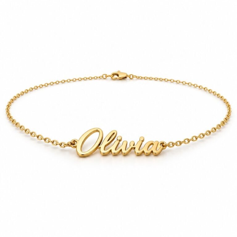 womens gold Stainless Steel olivia name necklace, at a 45-degree angle on white