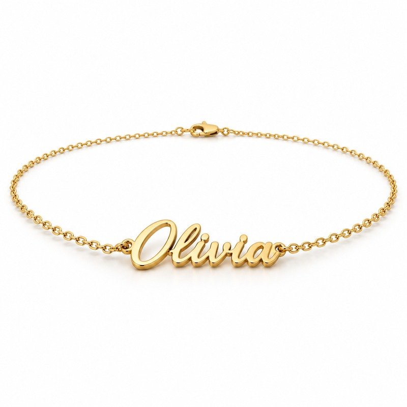womens gold Stainless Steel olivia name necklace, at a 45-degree angle on white