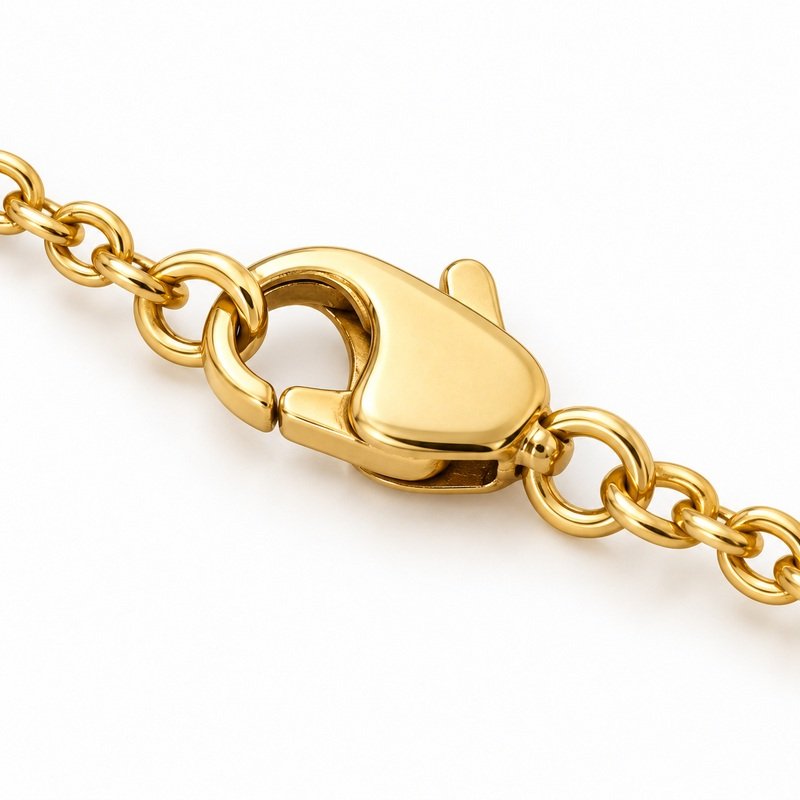womens gold Stainless Steel olivia name necklace, reverse side and connection structure on white