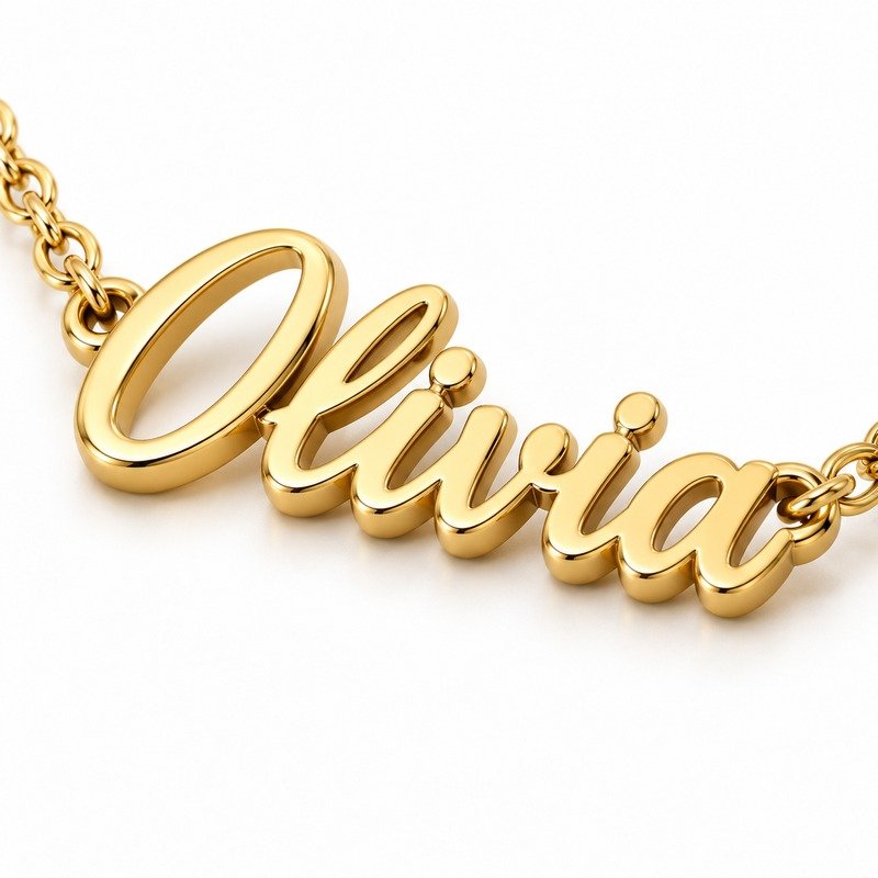 womens gold Stainless Steel olivia name necklace, material and craftsmanship close-up