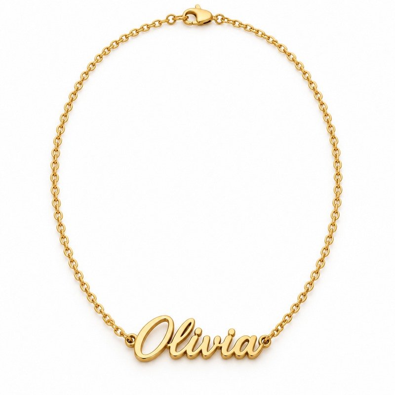 womens gold Stainless Steel olivia name necklace, front view on white