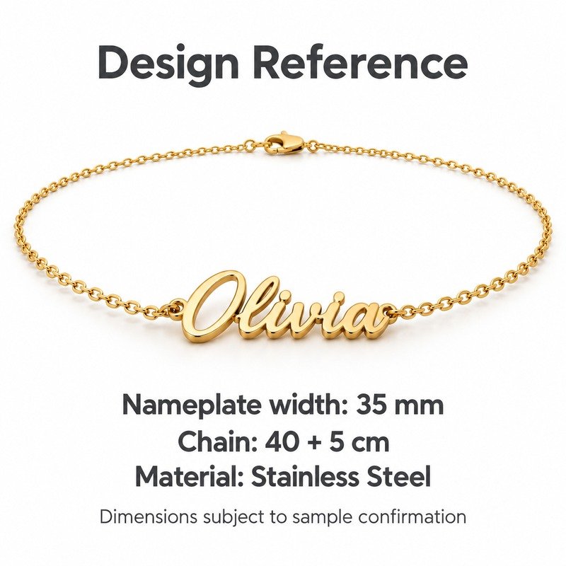 womens gold Stainless Steel olivia name necklace, design reference dimensions and material specifications
