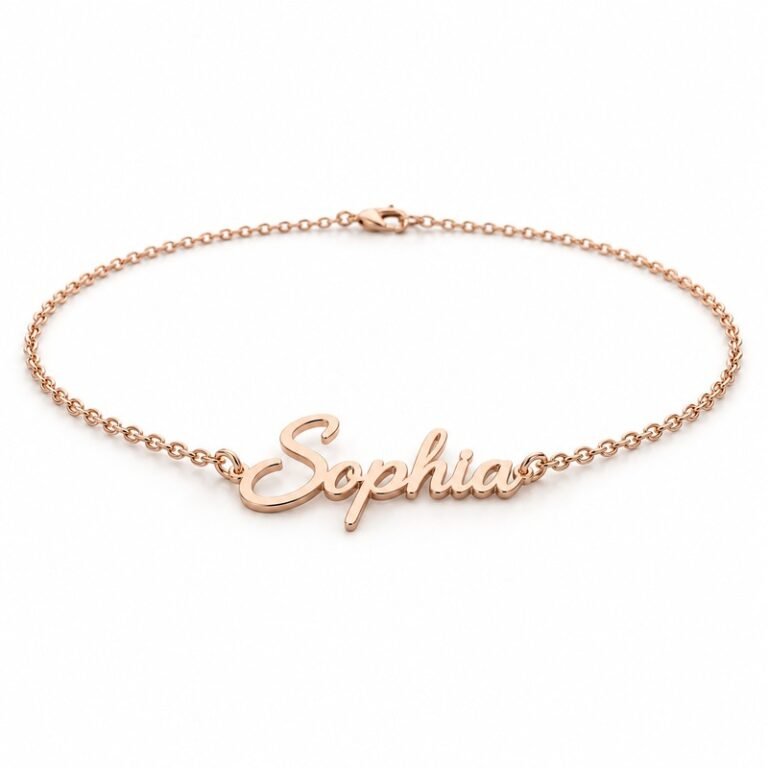 womens rose gold Stainless Steel sophia name necklace, at a 45-degree angle on white