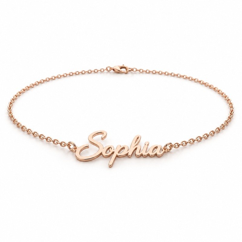 womens rose gold Stainless Steel sophia name necklace, at a 45-degree angle on white