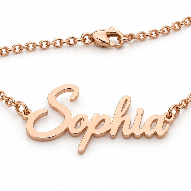 womens rose gold Stainless Steel sophia name necklace, reverse side and connection structure on white