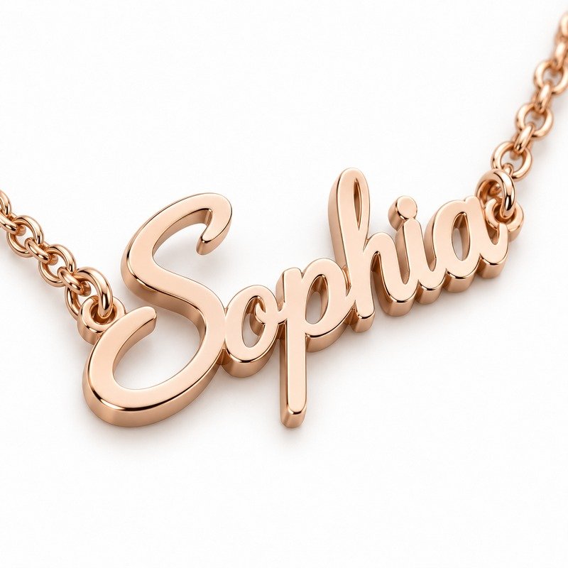 womens rose gold Stainless Steel sophia name necklace, material and craftsmanship close-up