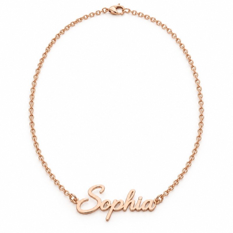 womens rose gold Stainless Steel sophia name necklace, front view on white
