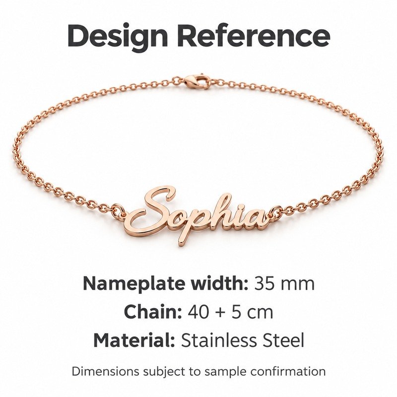 womens rose gold Stainless Steel sophia name necklace, design reference dimensions and material specifications
