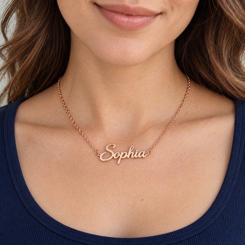 womens rose gold Stainless Steel sophia name necklace, worn by an adult model