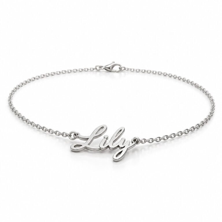 womens silver Stainless Steel lily name necklace, at a 45-degree angle on white