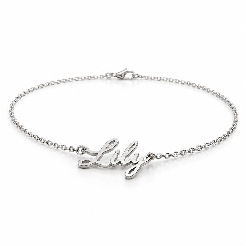 womens silver Stainless Steel lily name necklace, at a 45-degree angle on white