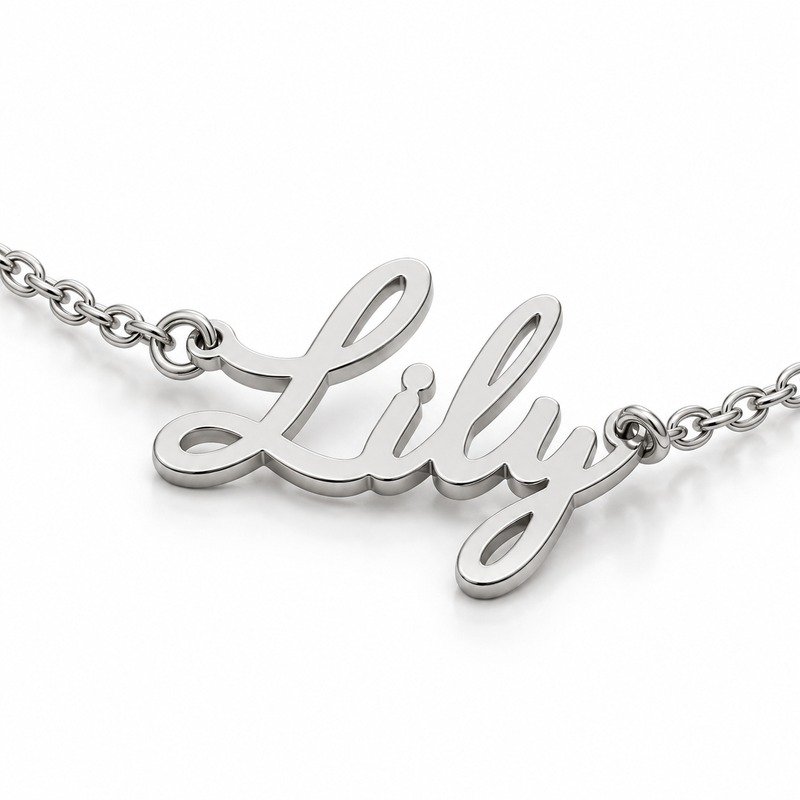 womens silver Stainless Steel lily name necklace, reverse side and connection structure on white