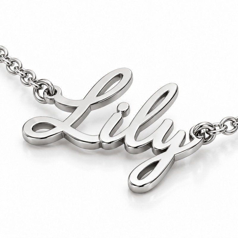 womens silver Stainless Steel lily name necklace, material and craftsmanship close-up