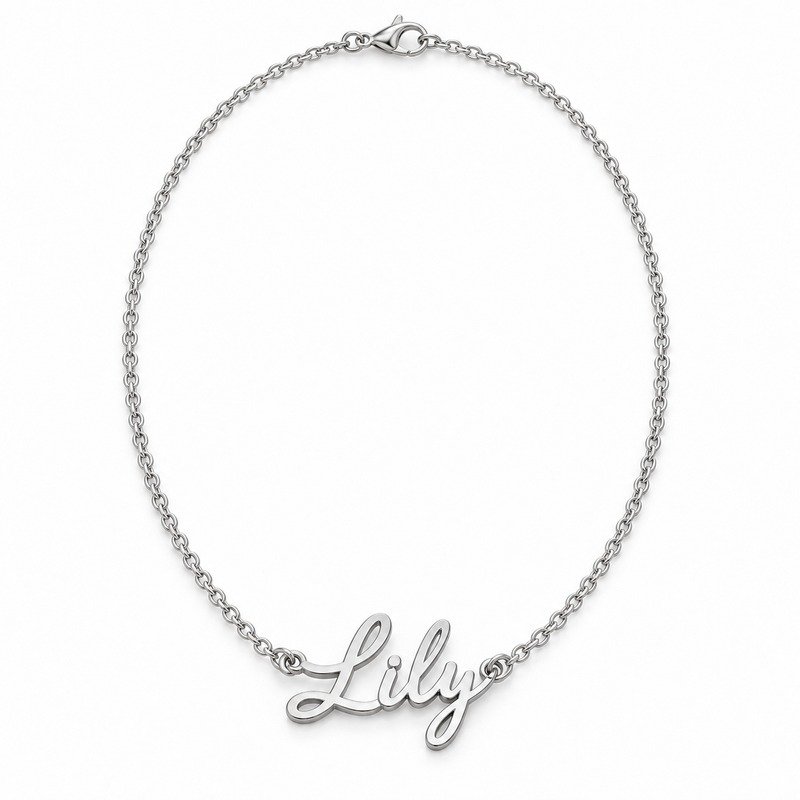 womens silver Stainless Steel lily name necklace, front view on white