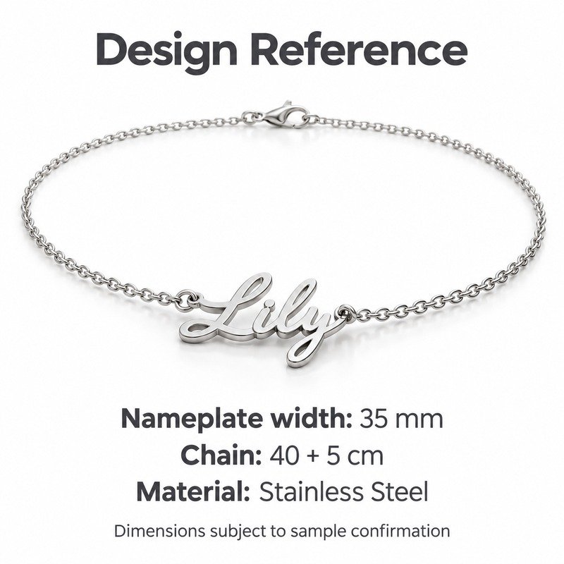 womens silver Stainless Steel lily name necklace, design reference dimensions and material specifications