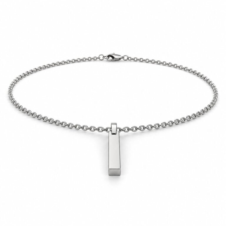 mens silver Stainless Steel engraving blank necklace, at a 45-degree angle on white