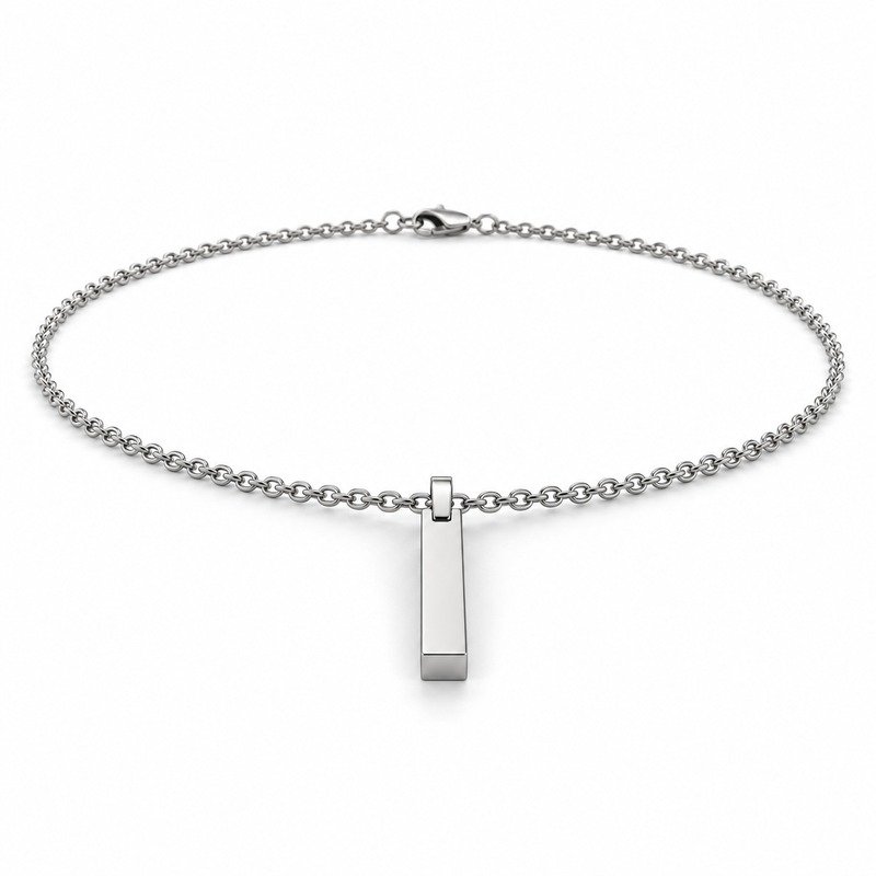 mens silver Stainless Steel engraving blank necklace, at a 45-degree angle on white