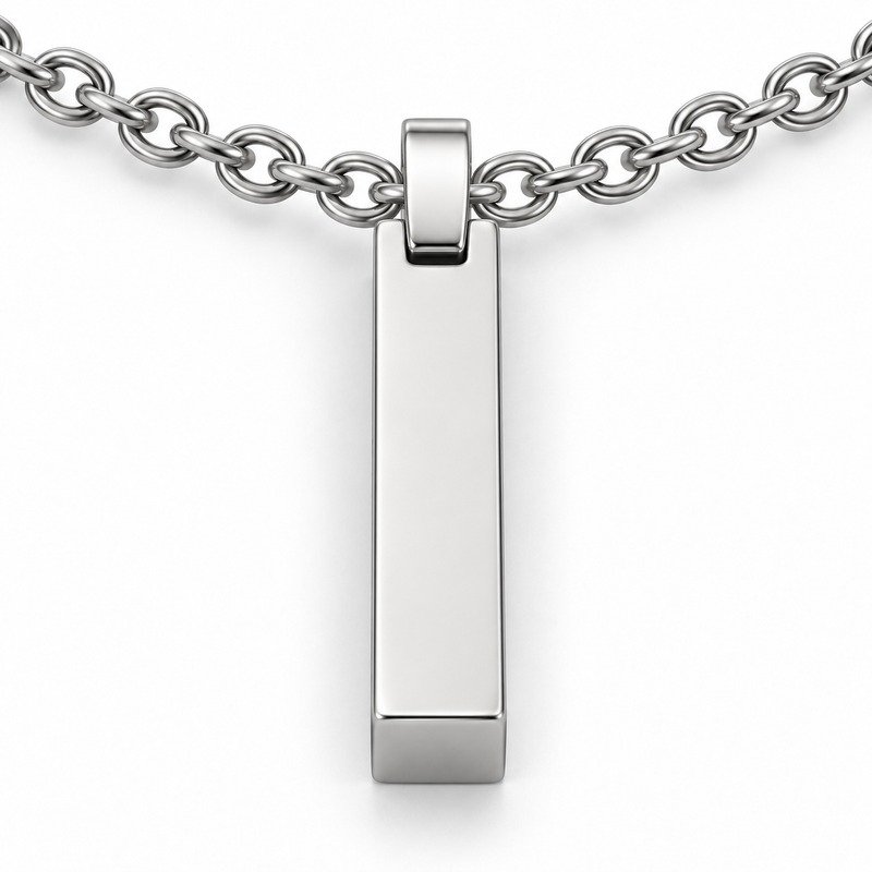 mens silver Stainless Steel engraving blank necklace, reverse side and connection structure on white