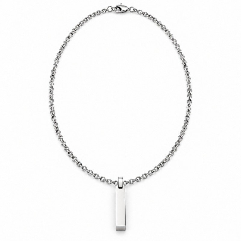 mens silver Stainless Steel engraving blank necklace, front view on white