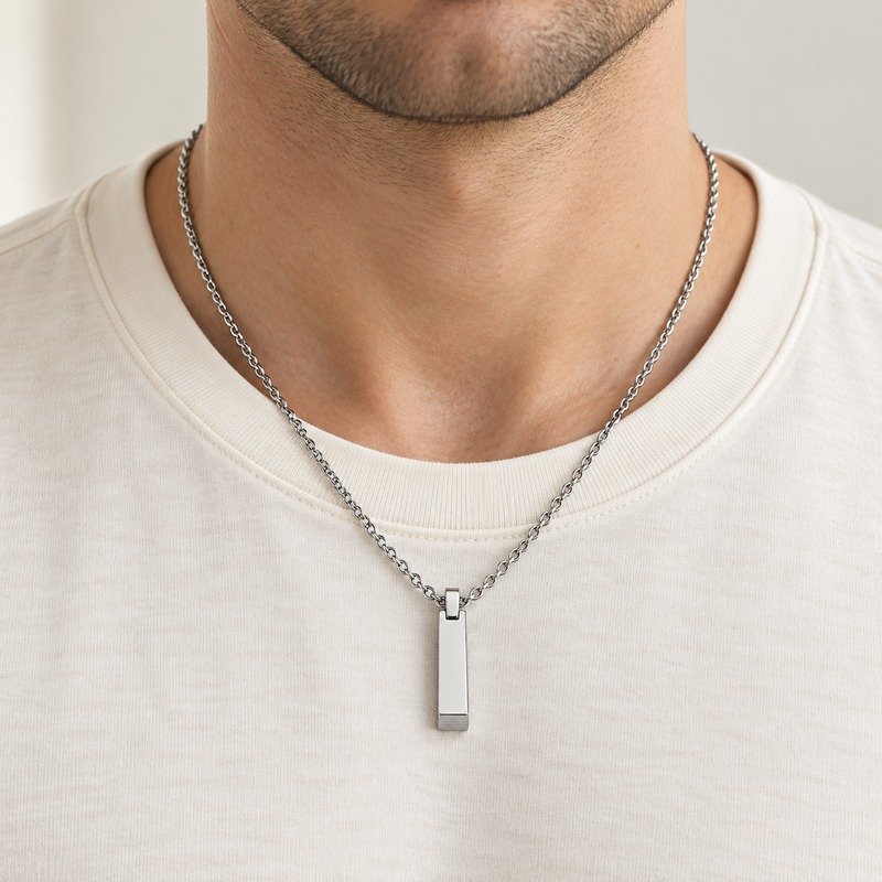 mens silver Stainless Steel engraving blank necklace, worn by an adult model