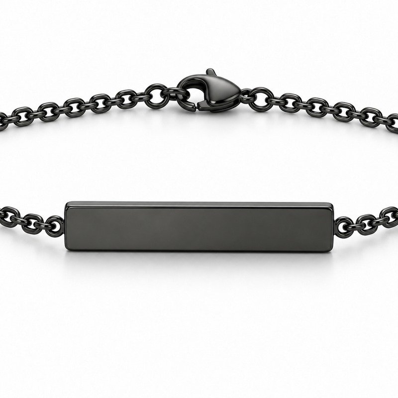 mens black Stainless Steel engraving blank necklace, reverse side and connection structure on white