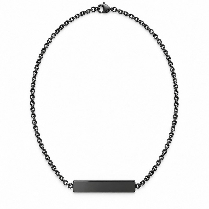 mens black Stainless Steel engraving blank necklace, front view on white