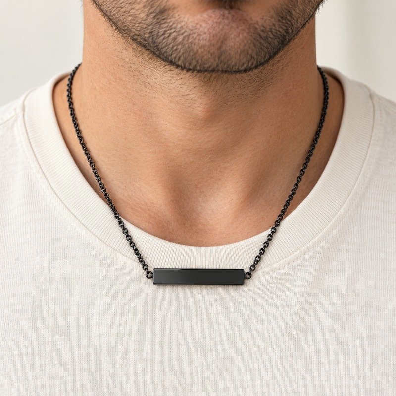 mens black Stainless Steel engraving blank necklace, worn by an adult model