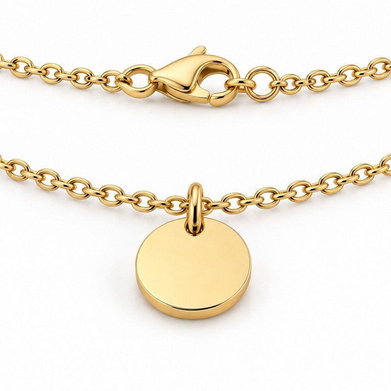 womens gold Stainless Steel engraving blank necklace, reverse side and connection structure on white